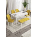 Canisa Concept Rio Serisi 80x132 cm Benchli Beyaz Mermer Desenli Hardal Mdf Mutfak Masası Takımı