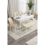 Canisa Concept Rio Serisi 80x132 cm Benchli Beyaz Mermer Desenli Krem Mdf Mutfak Masası Takımı