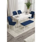 Canisa Concept Rio Serisi 80x132 cm Benchli Beyaz Mermer Desenli Lacivert Mdf Mutfak Masası Takımı