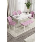 Canisa Concept Rio Serisi 80x132 cm Benchli Beyaz Mermer Desenli Pembe Mdf Mutfak Masası Takımı