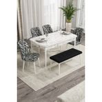 Canisa Concept Rio Serisi 80x132 cm Benchli Beyaz Mermer Desenli Siyah Beyaz Mdf Mutfak Masası Takımı