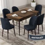 Canisa Concept Roe Serisi Açılabilir 80X132 Barok Ahşap Desen Mutfak Masası Takımı ve 6 Sandalye - Antrasit