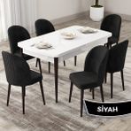 Canisa Concept Roe Serisi Açılabilir 80X132 Beyaz Masa Ceviz Ayak Mutfak Masası Takımı ve 6 Sandalye - Siyah