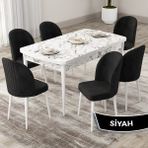Canisa Concept Roe Serisi Açılabilir 80X132 Beyaz Mermer Desen Mutfak Masası Takımı ve 6 Sandalye - Siyah