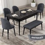 Canisa Concept Roe Serisi Açılabilir 80X132 Siyah Mermer Desen Mutfak Masası Takımı 4 Sandalye 1 Bench - Antrasit