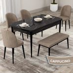Canisa Concept Roe Serisi Açılabilir 80X132 Siyah Mermer Desen Mutfak Masası Takımı 4 Sandalye 1 Bench - Cappucino