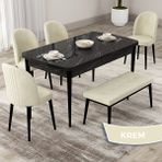 Canisa Concept Roe Serisi Açılabilir 80X132 Siyah Mermer Desen Mutfak Masası Takımı 4 Sandalye 1 Bench - Krem