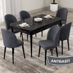 Canisa Concept Roe Serisi Açılabilir 80X132 Siyah Mermer Desen Mutfak Masası Takımı ve 6 Sandalye - Antrasit