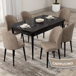 Canisa Concept Roe Serisi Açılabilir 80X132 Siyah Mermer Desen Mutfak Masası Takımı ve 6 Sandalye - Cappucino