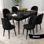 Canisa Concept Roe Serisi Açılabilir 80X132 Siyah Mermer Desen Mutfak Masası Takımı ve 6 Sandalye