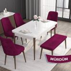 Canisa Concept Roy Serisi, 80 x 132 cm Açılabilir Mdf Masa Takımı, Beyaz Masa Ceviz Ayak 4 Sandalye 1 Bench - Mürdüm