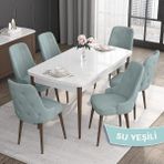 Canisa Concept Roy Serisi, 80 x 132 cm Açılabilir Mdf Masa Takımı, Beyaz Masa Ceviz Ayak 6 Sandalye - Su Yeşili