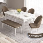Canisa Concept Roz Serisi 80X132 Mdf Açılabilir Beyaz Mermer Desen Mutfak Masası Takımı 4 Sandalye 1 Becnh - Kahverengi