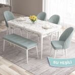 Canisa Concept Roz Serisi 80X132 Mdf Açılabilir Beyaz Mermer Desen Mutfak Masası Takımı 4 Sandalye 1 Becnh - Su Yeşili
