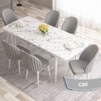 Canisa Concept Roz Serisi 80X132 Mdf Açılabilir Beyaz Mermer Desen Mutfak Masası Takımı 6 Sandalye Gold Halkalı - Gri