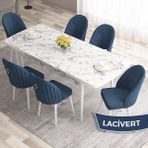Canisa Concept Roz Serisi 80X132 Mdf Açılabilir Beyaz Mermer Desen Mutfak Masası Takımı 6 Sandalye Gold Halkalı - Lacivert