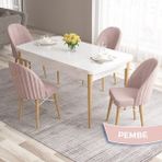 Canisa Concept Roz Serisi 80X132 Mdf Beyaz Mutfak Masa Takımı Doğal Ahşap Ayak Beyaz Kafes 4 Sandalye Gold Halka - Pembe