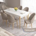 Canisa Concept Roz Serisi 80X132 Mdf Beyaz Mutfak Masa Takımı Doğal Ahşap Ayak Beyaz Kafes 6 Sandalye Gold Halka - Cappucino