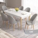 Canisa Concept Roz Serisi 80X132 Mdf Beyaz Mutfak Masa Takımı Doğal Ahşap Ayak Beyaz Kafes 6 Sandalye Gold Halka - Gri