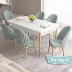 Canisa Concept Roz Serisi 80X132 Mdf Beyaz Mutfak Masası Takımı Beyaz Kafesli 6 Sandalye Gold Halkalı - Su Yeşili