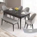 Canisa Concept Roz SERISI,80X132 Mdf Açılabilir Siyah Mermer Desen Mutfak Masası 4 Sandalye ve 1 Bench Gold Halka - Gri