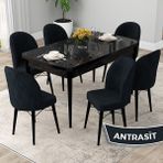 Canisa Concept Rut Serisi Açılabilir 80X132 Siyah Mermer Desen Mutfak Masası Takımı ve 6 Sandalye - Antrasit