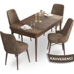 Canisa Concept Taç Serisi 80 x 132 cm Barok Ahşap Desen Mutfak Masası Takımı 4 Sandalye Gümüş Halkalı - 80x132 - Kahverengi