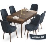 Canisa Concept Taç Serisi 80 x 132 cm Barok Ahşap Desen Mutfak Masası Takımı 6 Sandalye Gümüş Halkalı - 80x132 - Antrasit