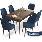 Canisa Concept Taç Serisi 80 x 132 cm Barok Ahşap Desen Mutfak Masası Takımı 6 Sandalye Gümüş Halkalı - 80x132 - Lacivert