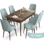 Canisa Concept Taç Serisi 80 x 132 cm Barok Ahşap Desen Mutfak Masası Takımı 6 Sandalye Gümüş Halkalı - 80x132 - Su Yeşili