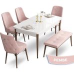 Canisa Concept Taç Serisi 80 x 132 cm Beyaz Masa Ceviz Ayak Yemek Masası Takımı 4 Sandalye Gümüş Halkalı ve 1 Bench - 80x132 - Pembe