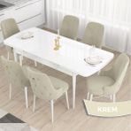 Canisa Concept Taç Serisi, Açılabilir 80X132 Beyaz Yemek Odası Takımı , 6 Sandalye Gold Halkalı - Krem