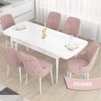 Canisa Concept Taç Serisi, Açılabilir 80X132 Beyaz Yemek Odası Takımı , 6 Sandalye Gold Halkalı - Pembe