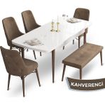 Canisa Concept Taç Serisi MDF 80 x 132 cm Beyaz Masa Ceviz Ayak Yemek Masası Takımı 4 Sandalye Gümüş Halkalı ve 1 Bench - Kahverengi - 80x132