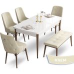 Canisa Concept Taç Serisi MDF 80 x 132 cm Beyaz Masa Ceviz Ayak Yemek Masası Takımı 4 Sandalye Gümüş Halkalı ve 1 Bench - Krem - 80x132