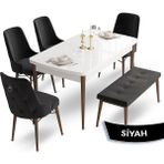 Canisa Concept Taç Serisi MDF 80 x 132 cm Beyaz Masa Ceviz Ayak Yemek Masası Takımı 4 Sandalye Gümüş Halkalı ve 1 Bench - Siyah - 80x132