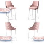 Canisa Concept Tera Serisi, 65 cm Mutfak Bar Sandalyesi, Babyface Kumaş, Beyaz Metal Ayak 4 Adet Sandalye - Pembe - Beyaz