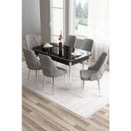 Canisa Concept Tia Serisi 80X132 Açılabilir Mdf Siyah Mermer Desen Krom Detay Yemek Odası Takımı Ve 6 Gri Sandalye