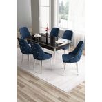 Canisa Concept Tia Serisi 80X132 Açılabilir Mdf Siyah Mermer Krom Detay Yemek Odası Takımı Ve 6 Lacivert Sandalye