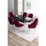Canisa Concept Tia Serisi 80X132 Açılabilir Mdf Siyah Mermer Krom Detay Yemek Odası Takımı Ve 6 Mürdüm Sandalye