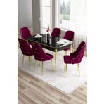 Canisa Concept Tia Serisi 80x132 Mdf Açılabilir Siyah Mermer Desen Gold Detay Masa Takımı Ve 6 Mürdüm Sandalye