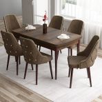 Canisa Concept Tia Serisi, Barok Ahşap Desen 80X132 Açılabilir Mdf Yemek Odası Takımı 6 Sandalye Gold Detay - Kahverengi
