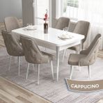 Canisa Concept Tia Serisi Beyaz Masa 80 x 132 cm Açılabilir Mdf Yemek Odası Takımı 6 Sandalye Gümüş Detay - 80x132 - Cappucino