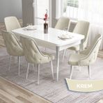 Canisa Concept Tia Serisi Beyaz Masa 80 x 132 cm Açılabilir Mdf Yemek Odası Takımı 6 Sandalye Gümüş Detay - 80x132 - Krem