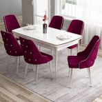 Canisa Concept Tia Serisi Beyaz Masa 80 x 132 cm Açılabilir Mdf Yemek Odası Takımı 6 Sandalye Gümüş Detay - 80x132 - Mürdüm