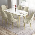 Canisa Concept Tia Serisi, Beyaz MASA,80X132 Açılabilir Mdf Yemek Odası Takımı 6 Sandalye Gold Detay - Krem