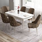 Canisa Concept Tia Serisi, Beyaz MASA,80X132 Açılabilir Mdf Yemek Odası Takımı 6 Sandalye Gümüş Detay - Kahverengi