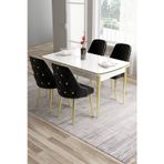Canisa Concept Tia Serisi Mdf 80X132 Açılabilir Beyaz Gold Detay Yemek Masası Takımı Ve 4 Siyah Sandalye