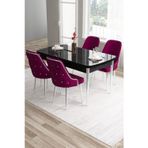 Canisa Concept Tia Serisi, Siyah Mermer 80X132 Açılabilir Mdf Yemek Odası Takımı 4 Mürdüm Sandalye Gümüş Detay