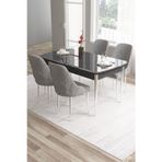 Canisa Concept Tia Serisi, Siyah Mermer Desen 80X132 Açılabilir Mdf Yemek Odası Takımı 4 Gri Sandalye Gümüş Detay